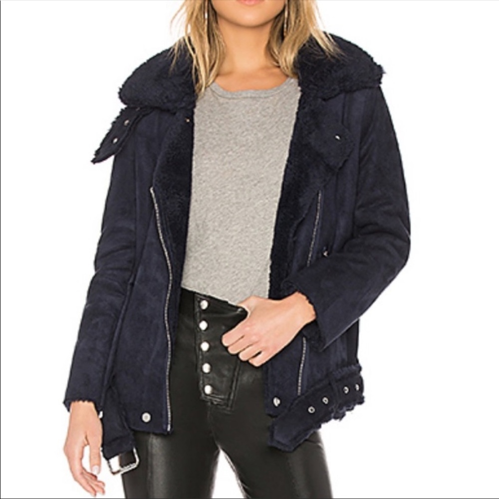 J.O.A. Navy Faux Suede Shearling Collar Moto Biker Jacket